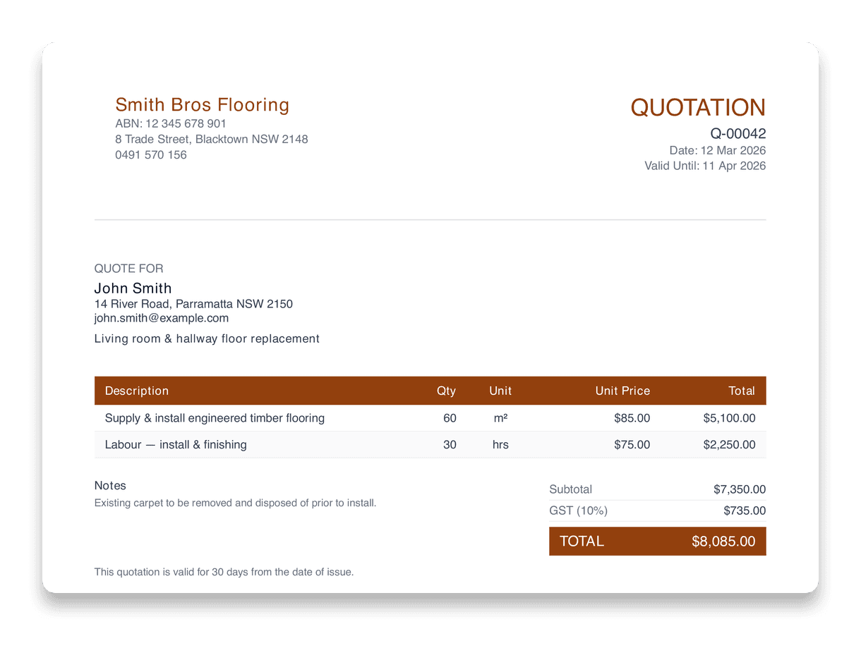 A finished Cobbo quote — line items, GST and the total, ready to check and share